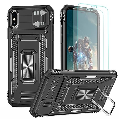 YmhxcY For iPhone X and iPhone XS Case With 2*PET Screen Protector, Slide Camera Cover,360° Rotate Metal Stand, For Apple iPhone X and Apple iPhone XS 5.8“-Black