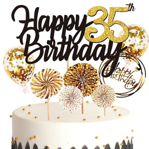 Feelairy Tortendeko Happy Birthday Gold Kuchendeko 35. Geburtstag Frau, Kuchen Topper Happy 35th Birthday, Cake Topper 35. Geburtstag Ballons Konfetti für Geburtstagstorte Deko 35 Jahre Frauen Männer