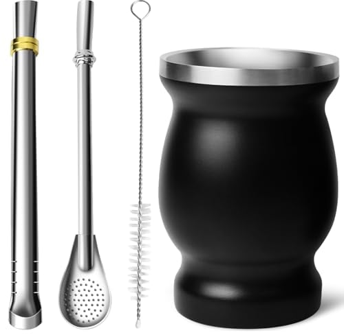 Artcome 4pc Stainless Steel Yerba Mate Cup Set - 1 8.5oz Stainless Steel Double-Wall Mate Cup(Black), 2 Bombillas (Yerba Mate Straw), 1 Brush, Easy to Clean, Solid and Durable