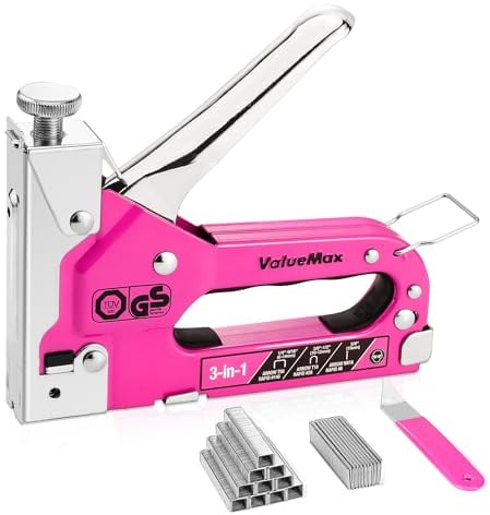 ValueMax Staple Gun 3 in 1, Heavy Duty Stapler with 2000 Staples (Type 140/28/8), TÜV GS Tested Professional Tackers, Adjustable Force Upholstery Staple Gun for Decoration, Carpentry, DIY, Pink
