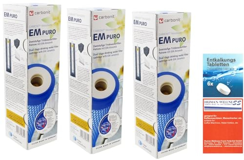 3 x Prime Inventions Wasserfilter EM Puro mit EM-Keramik und Mikrofiltration | hoher Durchfluss geeignet für Wasserwirbler | zusätzlich Tabs zur Reinigung und Entkalkung Ihres Filtergerätes