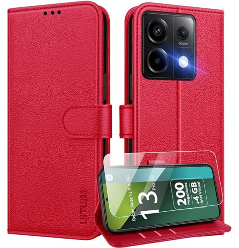 UITUIM Custodia per Xiaomi Redmi Note 13 PRO 5G (Non per 4G) - Portafoglio in Pelle con Vetro Temperato, Porta Carte, Flip Case - Rosso