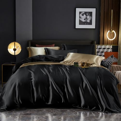 Freyamy Satin Bettwäsche 135x200cm 2teilig Schwarz Uni Seidig Glatt Luxus Bettwaren-Sets Unifarben Seide Glänzend Sommerbettwäsche Kühlender Bettbezug mit Reißverschluss und Kissenbezug 80x80cm