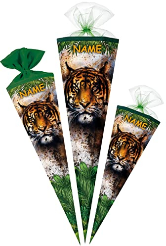 alles-meine.de GmbH Schultüte - Tiger/Dschungel Tiere 35-85 cm Größe wählbar inkl. Name - Zuckertüte - Tüllabschluß/Filzabschluß - eckig/rund - Jungen & Mädchen - k..