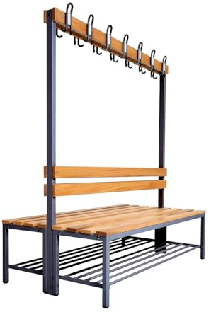 furni24 Umkleidesitzbank mit Stahlrahmen, Garderobenbank Sportraum Bank für Fitnessstudio Buche Echtholz, lackierter, Hakenleiste und TÜV/GS getestet - 150 cm Doppelseitige mit Schuhrost - Anthrazit
