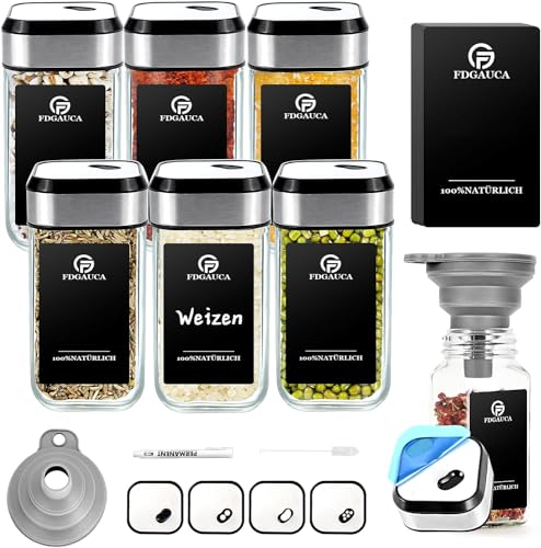 SIAZIH 360° Rotation Gewürzgläser Eckig Set | Drei Kaliber, frei einstellbar | 6 Gewürzdosen Mit Gewürzetiketten | Perfekte Organisation Küche Gewürz Organizer | 120ml Gewürzbehälter aus Glas