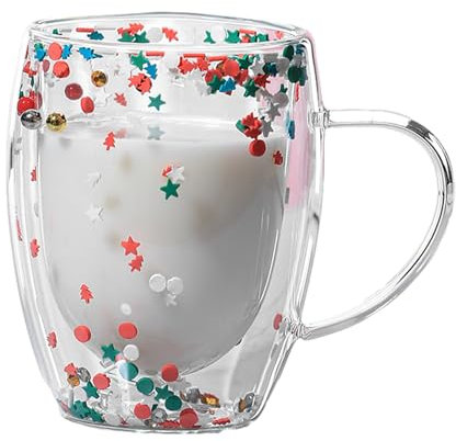 Double Walled Glass Coffee Mug with Handle, 350ml Double Walled Coffee Mug, Aesthetic Insulated Floral Glass Mug for Cappuccino Tea Latte Juice