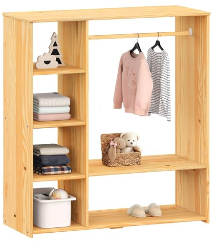 IDIMEX Kinderschrank Rafael mit Kleiderstange aus Kiefer - Offener Schrank mit Fächern und Ablagen, Skandinavisches Design, Kinderregal nach Montessori Prinzipien