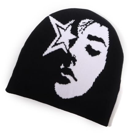 CazDopaM Y2K Beanie-Mützen für Damen und Herren, Gesicht gemustert, bestickt, Acryl, weich, warm, Wintermütze mit Bündchen, schwarz/weiß, Einheitsgröße