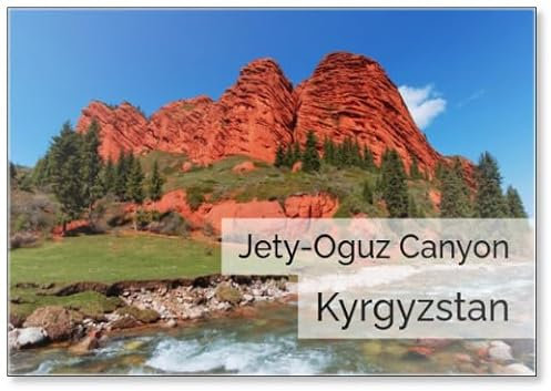 Cliffs of Seven Bulls, Jety-oguz Canyon Gorge, River Bank with Stones and Fast Streams of Water. Red Rocks, Erosion in Clay, Blue Sky and Steppe Vegetation. Kyrgyzstan, Fridge Magnet
