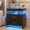 yoofun Black LED Bedside Table with Wireless Charging Station, Smart Nightstand Glass Top, High Gloss Sofa Side End Table with 2 Drawers for Living Room Bedroom