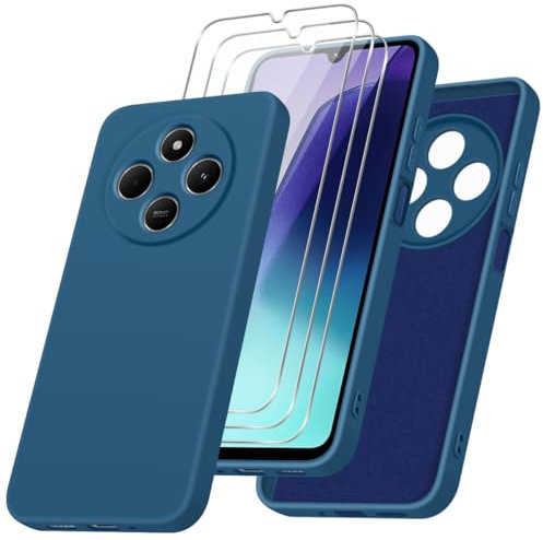 Coque pour Xiaomi Redmi 14C 4G/Redmi A4 5G/Xiaomi Poco C75 avec 3 Pièces Protection Écran en Verre Trempé, Bleu Souple TPU Silicone Étui Housse pour Redmi 14C 4G/Redmi A4 5G/Xiaomi Poco C75