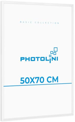 PHOTOLINI Bilderrahmen 50x70 Weiss, Kunststoff Puzzle Rahmen 50x70 zum Aufhängen, Picture Frame 70x50 mit Acrylglas & extra Zubehör, 50 x 70 Bilderrahmen groß für Meisterbrief, Urkunden, Fotos