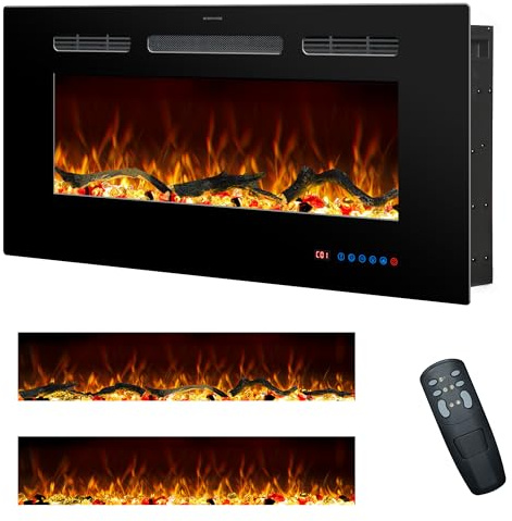 Rodalflame 92cm Chimenea eléctrica, Chimenea empotrable y de Pared para Interiores con Mando a Distancia, 13 Colores de Llama con Tronco y Cristal, Temporizador 9H