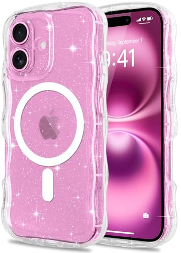 Pepmune Coque à Paillettes pour iPhone 16 Plus, Clair | Compatible avec Magsafe, Transparente Cadre Vague Bouclée Coque Sparkle Antichoc Housse de Protection pour Femmes et Filles.