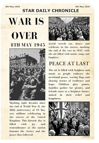 Star Cutouts SC4626 War Is Over Newspaper Small Vintage Backdrop Sailboard Cardboard Cut Out Height 134cm - Ideal for British Theme, Parties, Schools, Celebrations & VE Day Decorations & Events