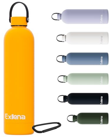 Exllena Borraccia Termica 750 ml con Maniglia e Moschettone - Bottiglia Termica 750ml Mantenere Calore/Freddo - Senza BPA - 100% A Tenuta Stagna per Escursioni, Campeggio, Viaggi...(Mango)