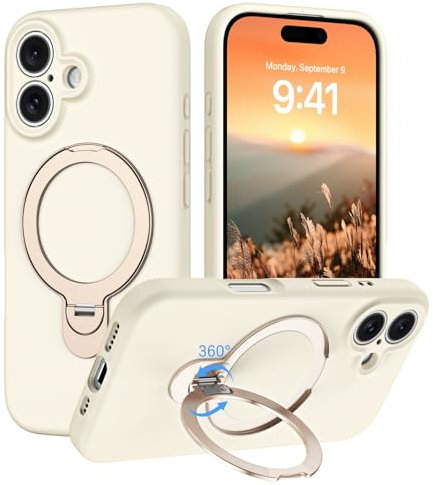 DUEDUE for iPhone 16 Case 2024,iPhone 16 Slim Soft Liquid Silicone Phone Case with Stand, [Compatible with MagSafe] Magnetic Ring Kickstand Stand Case, [Full Camera Protection], Stone