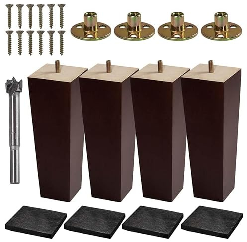 VASGOR Set of 4 Wood Furniture Legs (Drill Bit Included) - Square Sofa Legs, Couch Leg - Brown Mid-Century Modern Replacement Legs for Armchair Recliner Coffee Table Dresser (8)