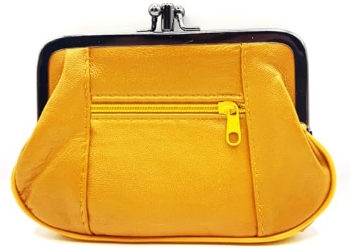 Charmoni - Portefeuille Femme - Porte Monnaie Fermeture clic clac Fermoir - Poche zippée - en Cuir d'agneau - 15 x 10 x 1 cm (Jaune)