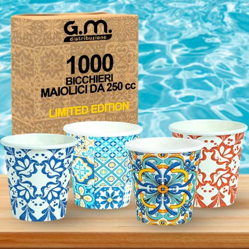 1000 Pezzi Bicchieri da Cappuccino in Carta con Grafiche Maioliche, 250 ml, Biodegradabili Biocompostabili, Usa e Getta, 4 Colorazioni, Ideale per Casa, Ufficio, Asporto Bevande Calde