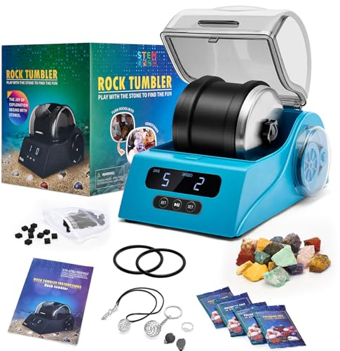 Rock Tumbler Kit de polissage pour adultes avec couvercle de réduction du bruit, contrôle de la vitesse et de la minuterie, comprend 4 grains de polissage, pierres précieuses brutes, guide
