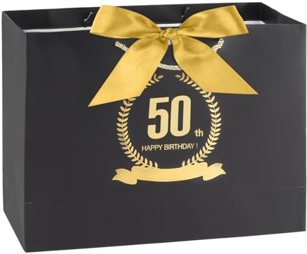 Black Gold Happy 50th Birthday Gift Bag with Greeting Handles and Ribbon Decorations Men Women 50 Year Old Birthday Gift Wrapping Bag for Party Favors Elegant Supplies
