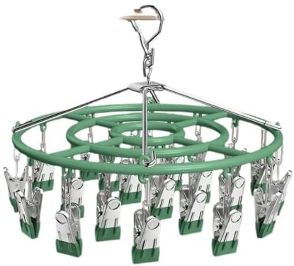 YHESUBZ Edelstahl Trocknen Rack,Wäscheständer aus Metall mit 24 Clips,winddichter Haken, Wäscheklammern für Socken, Schals, Handschuhe, BH(Grün)