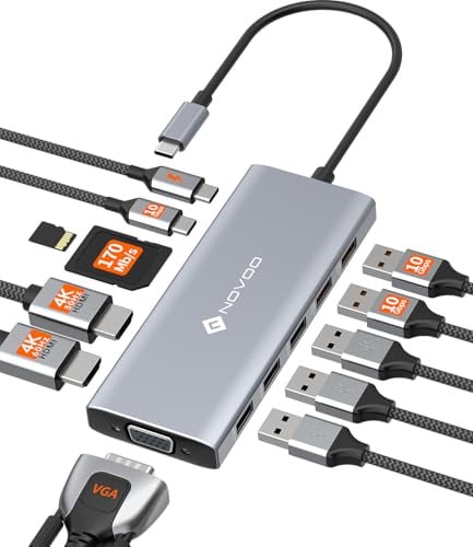 NOVOO 10Gbps USB C Hub Docking Station 2HDMI 4K@60Hz Triple Display Adapter mit VGA,USB A 3.2 & USB C 3.2 PD 100W SD TF Kompatibel mit MacBook,XPS 13/15, Chromebook, Lenovo, Dell,Surface Pro 9 usw.