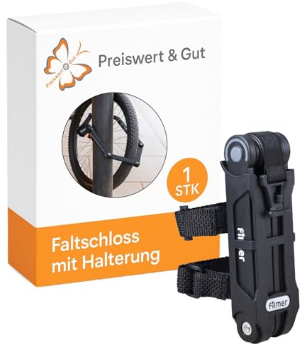 Preiswert&Gut Faltschloss Fahrrad 85 cm mit Halterung – gehärteter Stahl Sicherheitsstufe 10 – faltbares Fahrradschloss mit 2 Schlüsseln für E-Bike & Citybike – robust, wetterfest & kompakt
