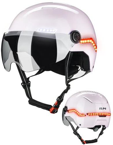 ILM Casque Velo Homme Femme Trotinette Electrique Adulte avec Clignotants à Capteur G Automatique, Alerte de Freinage avec Visiere Homologué NTA-8776, CPSC, CE Modèle MB101L,Rose,S/M