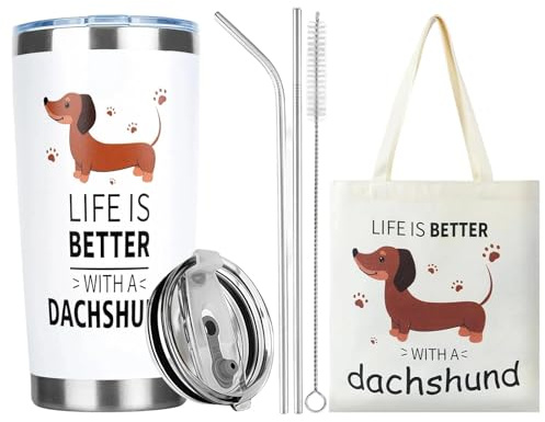 Clyrax Dackel Geschenke für Liebende, Niedlich Thermobecher mit Strohhalm, Edelstahl Kaffeebecher To Go mit Strohhalmverschluss und Strohhalmbürste, Dachshund Motiv Einkaufstasche Jutebeutel