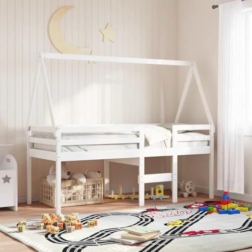 PUGYNBK Kiefernholz Bettdach für Kinderbett Weiß 209x95,5x88 cm - Massivholz Dachgestell mit offener Seite - Stabiles Spielbett Zubehör
