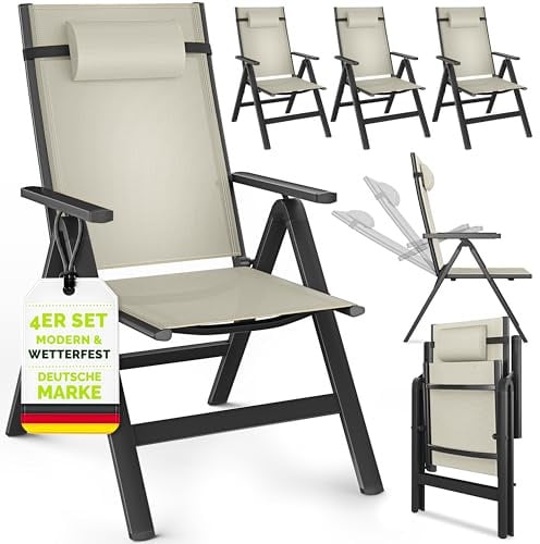 tillvex® Gartenstuhl Hochlehner 4er Set mit Armlehnen & Kopfkissen | Klappstuhl 7-fach Verstellbar inkl. Polsterung | Campingstuhl Klappbar, Wetterfest & Atmungsaktiv | Gartenstühle Aluminium