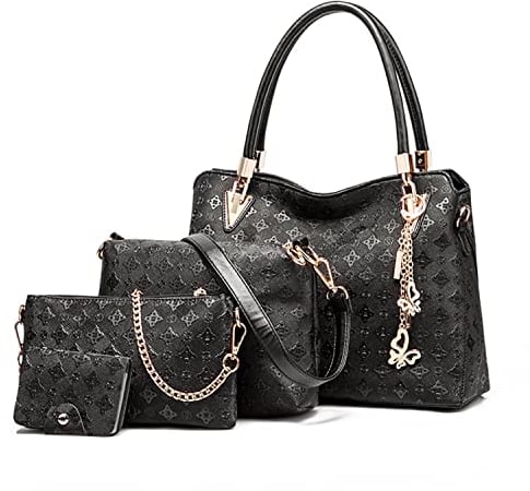 Pahajim Handtasche Damen Handtaschen Set, Mode Frauen Taschen Set Mittelgroß Umhängetasche Damenhandtasche Portemonnaie Tasche Set 4 Teilig für Arbeit Einkaufen Party Reisen (Schwarz)