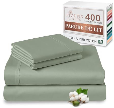 Pizuna Coton Peigné Parure de Lit 180x200 cm Complet Sauge, 100% Coton Longue Durée 400 Fils Armure Satin Comprend 1 Drap Housse, 1 Drap Plat, 2 Taie d'oreiller (Coton Draps 2 Personnes)