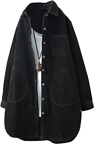 FTCayanz Damen Cord Jacke Übergangsjacke Herbst Button-Down Shirts Lang Mantel Outwear Schwarz XL
