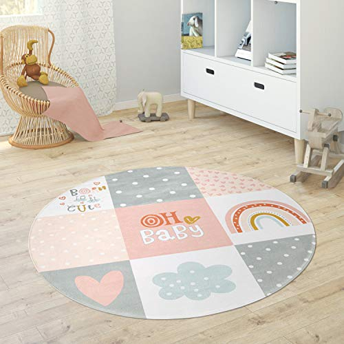 Paco Home Kinderteppich Teppich Rund Kinderzimmer Spielmatte Babymatte rutschfest Stern Mond Elefant Regenbogen, Grösse:Ø 150 cm Rund, Farbe:Pink