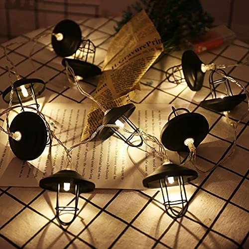 KINGCOO Vintage Lampenschirm Lichterketten, 20LED Warmweiß Schwarz Polygon Diamant Metall Laterne Käfig Lichter Batteriebetriebene Dekorative Hängeleuchten für Home Patio Garten Hochzeit (Polygon)