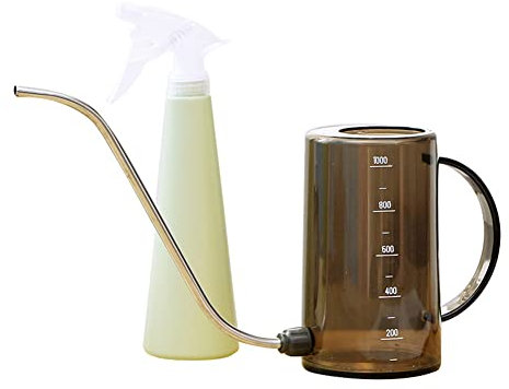 Lote de 2 regadera de boca larga y regadera de prensa a mano, regadera larga boquilla de plástico con tubo de acero inoxidable para regar plantas en maceta (bote curvo gris + regadera verde)