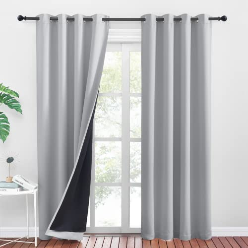 PONY DANCE Verdunklungsgardine Schlafzimmer Vorhänge mit Ösen 2er Set H 220 x B 140 cm Blickdichte Gardinen mit Schwarzem Futter Blackout Thermal Curtains for Bedroom, Silbergrau
