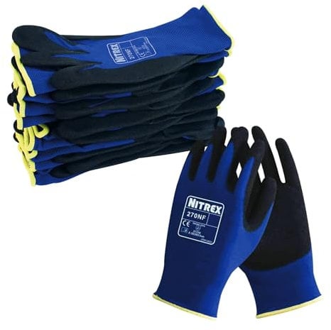 NITREX 270NF 10 Pairs of Gardening Gloves, Sandy Nitrile Palm Coating, Abrasion and Tearing Protection, Reduces Hand Fatigue, Blue/Black, Size 7