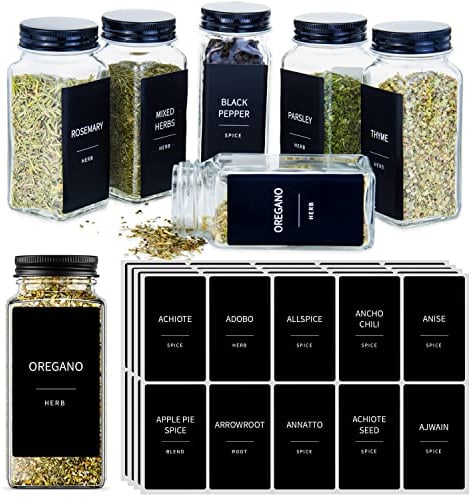 Prefdo 140 Kräuter- und Gewürzglas-Etiketten, minimalistisch, vorgedruckt, schwarzer Aufkleber, weißer Text, wasserdichte Gewürzetiketten-Aufkleber für Speisekammer, Gewürzorganisation (schwarz)