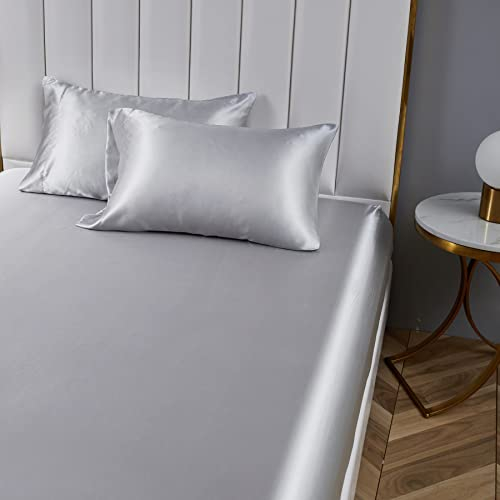 Spannbettlaken Bettlaken 160x200 Grau Boxspringbett Satin Bettlaken Glänzend Seide Spannbetttuch Leintuch 160 x 200 Uni Muster Hochwertiges Spannleintuch für Hohe Matratze bis 25-30 cm