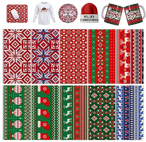 WOWOCUT 10 Stück 11,4 x 30,5cm Retro Infusible Transfer Tintenblätter Weihnachten Elch Vintage Sublimation Tinte Blätter für Wärmeübertragung,T-Shirts,Becher,Ohrringe,für Cricut Joy