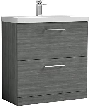 nuie ARN535D Arno Modern Bathroom Floor Standing 2 Drawer Vanity Unit with Thin-Edge Ceramic Basin, 800mm, Woodgrain Anthracite