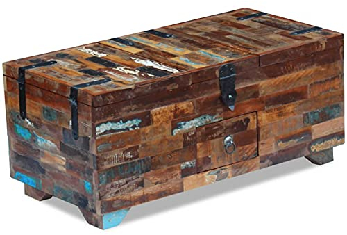 Tidyard Retro Couchtisch Truhe Massivholz 80x40x35 cm, Tischtruhe mit 3 Ablagef?Chern und 1 Schublade, Handgefertigt