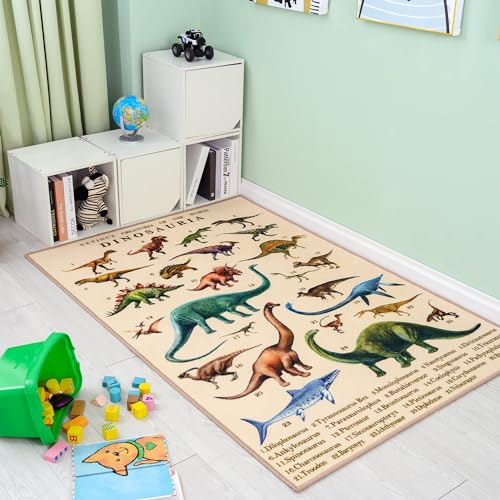 Booooom Jackson Teppich Kinder Spielmatte Dinosaurier 100 x 150cm Krabbeldecke Kinderzimmer Teppich Dino Spielteppich Waschbar Dino Motivteppich Kurzflor Farbecht