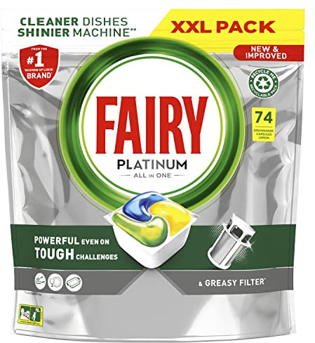 Fairy Platinum All In One Dishwasher Tablets, Lemon, 74 Tablets, For Tough Challenges, Even Cleans Greasy Filters