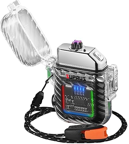 SUPRUS Leuchtfeuerzeug 3-Modi der Taschenlampe Winddichtes Wasserdichtes Feuerzeug Elektrische Feuerzeuge Wiederaufladbare Dual Arc Plasma Feuerzeug mit Überlebens Notfallpfeife und Lanyard